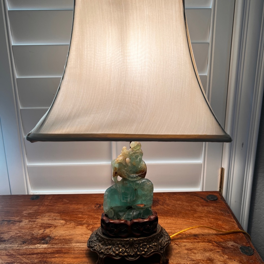 Antique Jade Table Lamp with Cream Shade